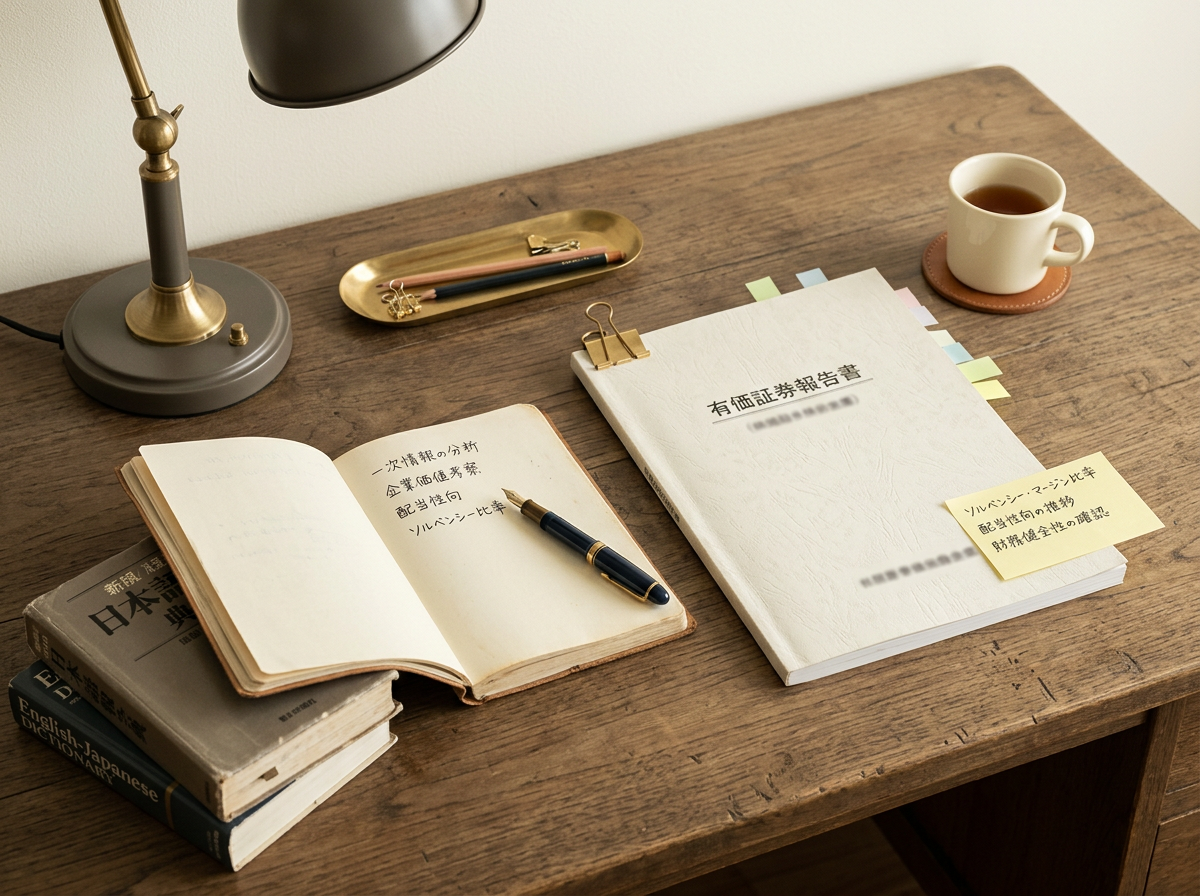 落ち着いた机の上に、有価証券報告書、万年筆、読書灯、日本語のノートが整えられた様子