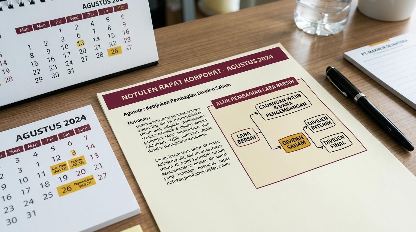 Lembar notulen rapat dengan diagram pembagian laba dan tanggal dividen.