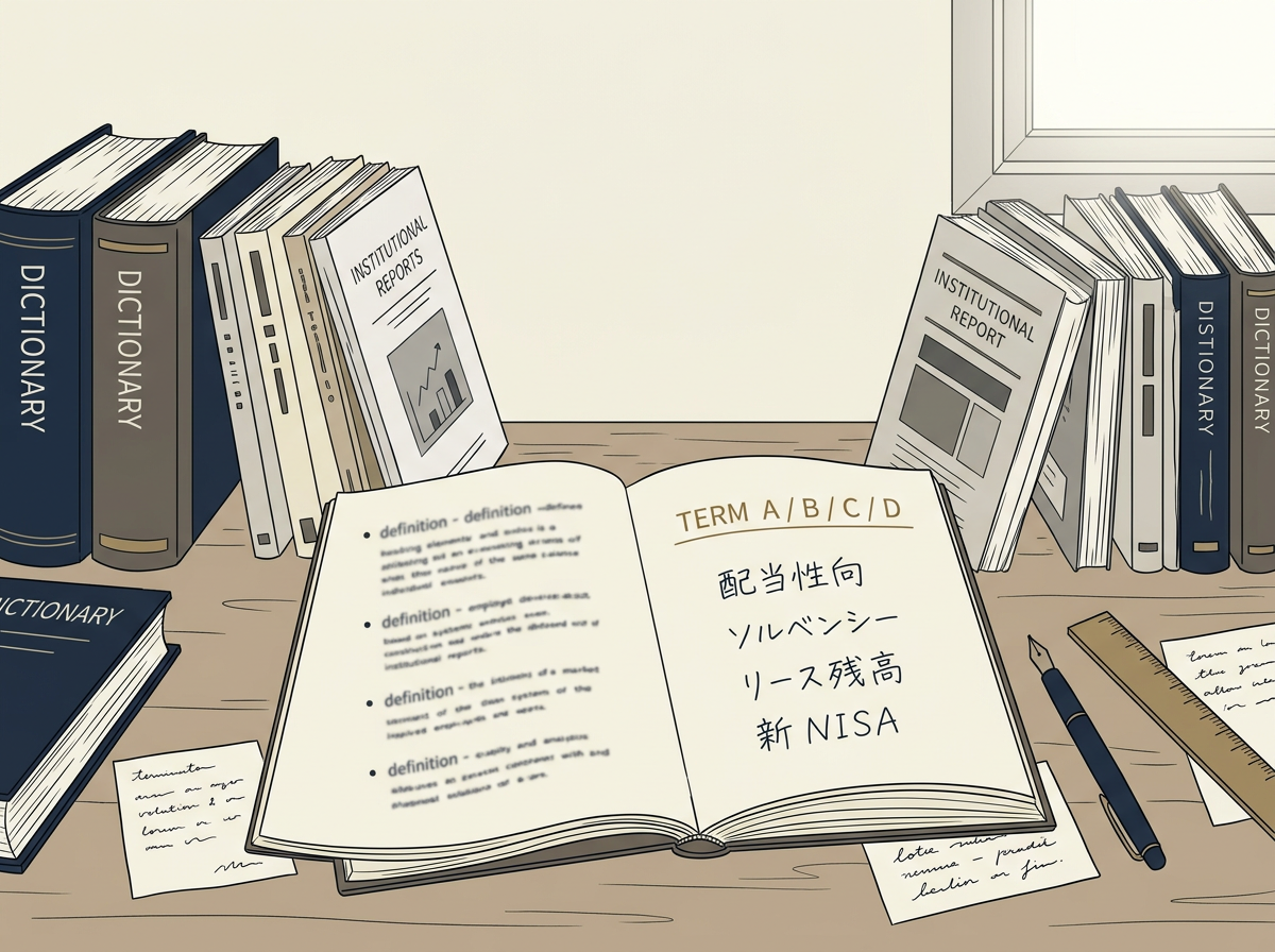 机に並ぶ辞書・IR資料・ノートの静物画。深墨と真鍮色の細線で描かれた編集室のイメージ