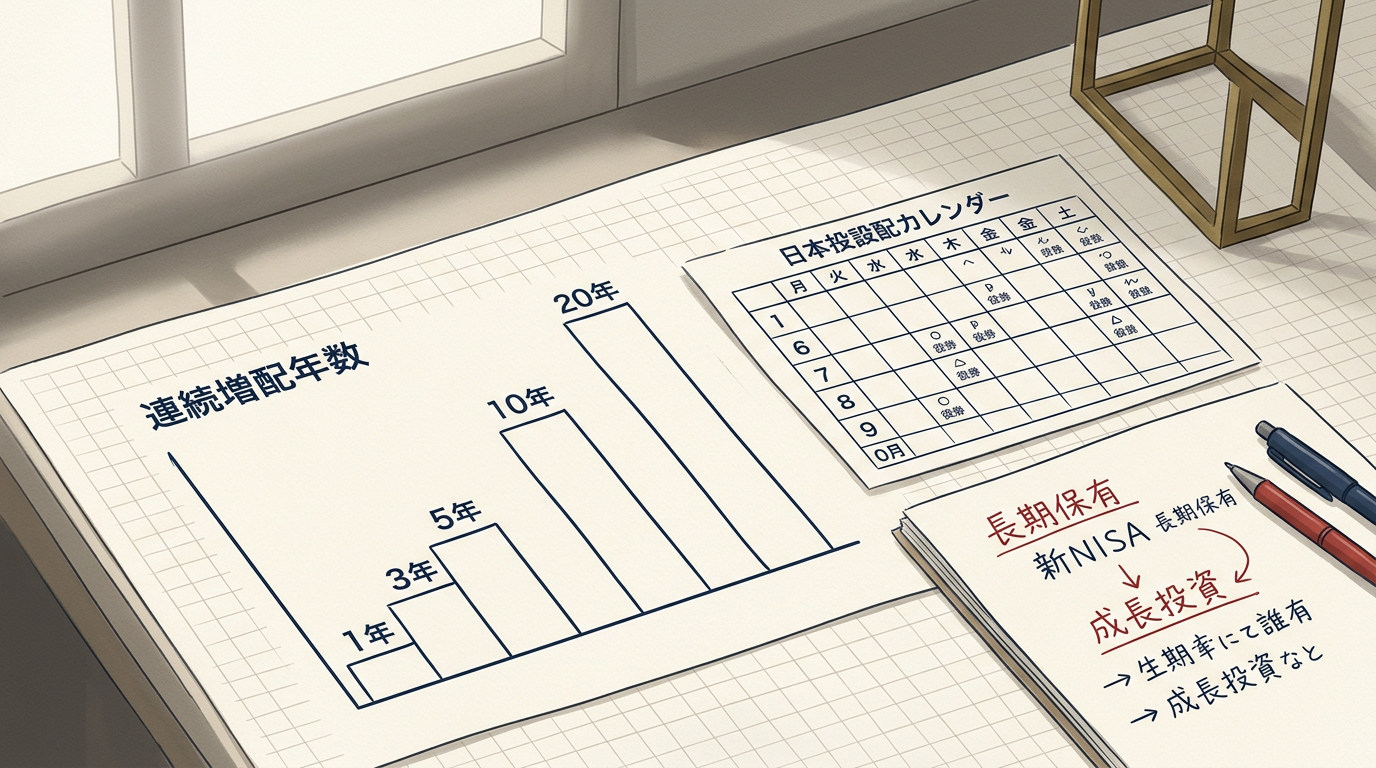 日本株の連続増配年数を示すラダー状の線画と落ち着いた机の構図