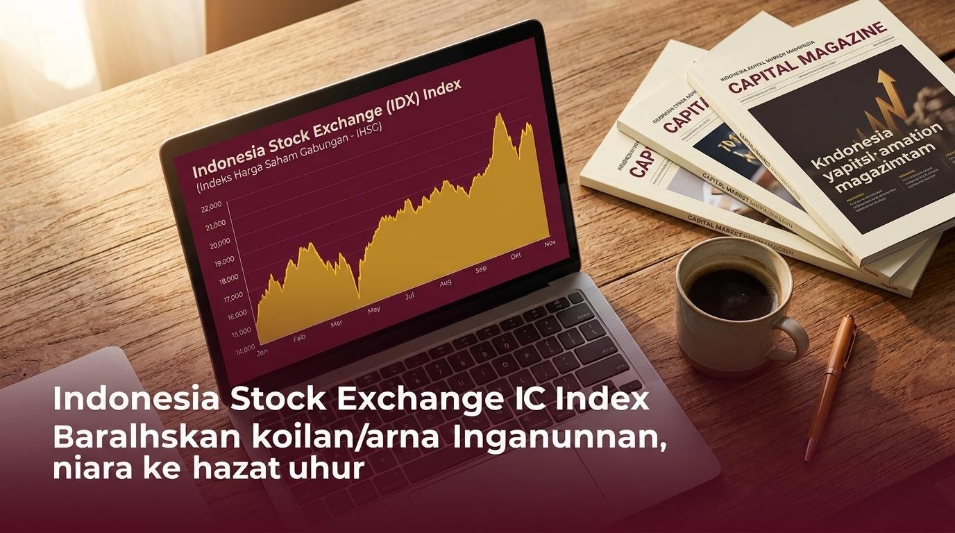 Meja kerja editorial dengan layar menampilkan grafik indeks Bursa Efek Indonesia dan tumpukan majalah pasar modal.