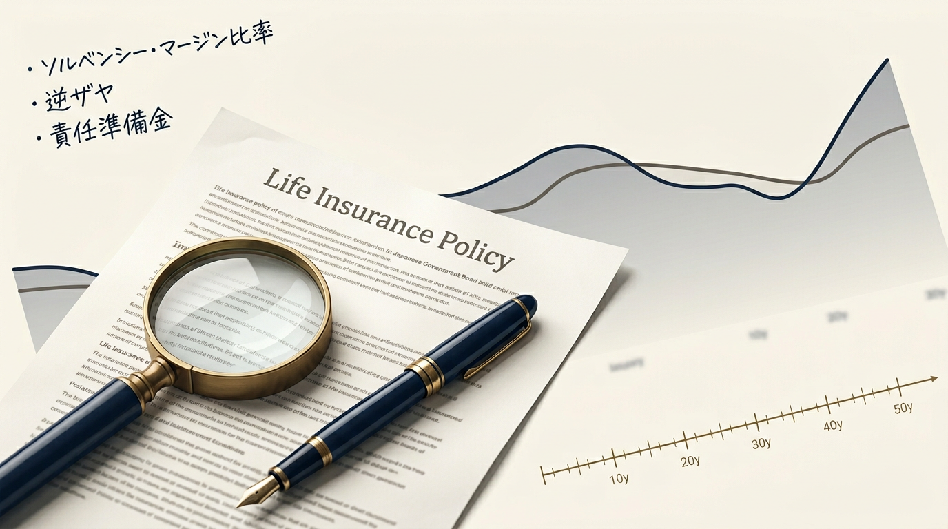日本国債の長期金利グラフと保険約款のイメージ。深墨と真鍮色の線画