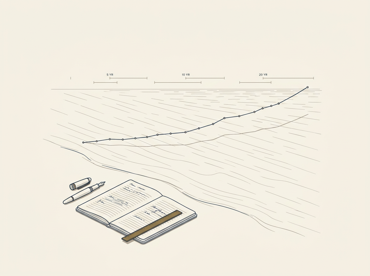 長期の地平線を示すアイソメトリックな線画。ゆるやかに右肩上がりの折れ線と静かな海面のイメージ
