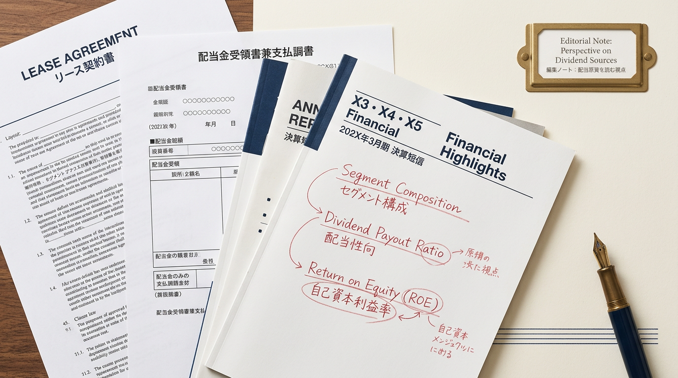 リース契約書と配当シートが重なるイメージ。深墨と真鍮色の線画