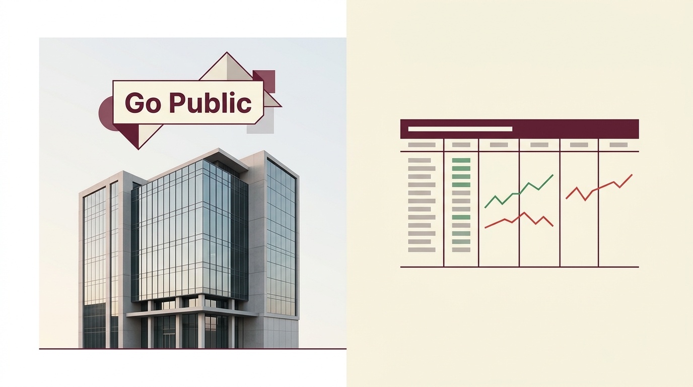 Ilustrasi gedung perusahaan dengan label go public dan papan pencatatan saham.
