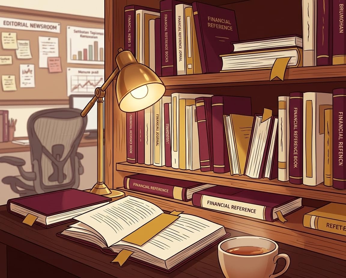 Rak buku referensi keuangan dengan lampu baca di sudut ruang kerja redaksi.